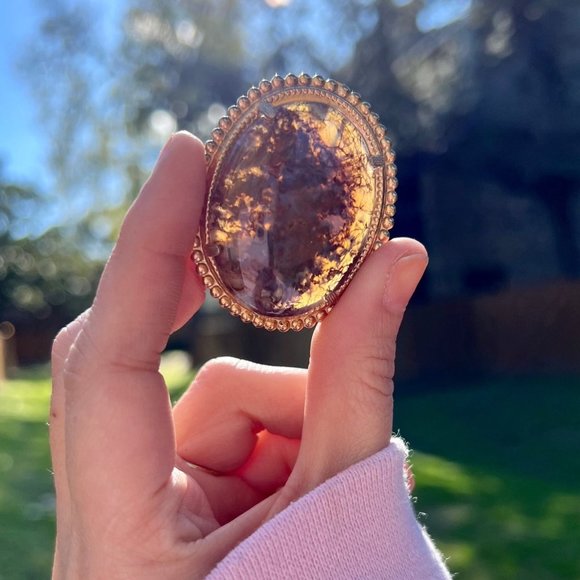 Natural Colorful Moss Agate Stone Gold Tone Open Back Estate Pin Brooch - Picture 4 of 6